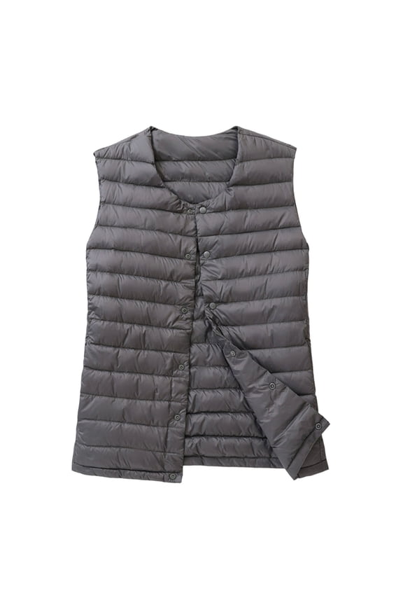 Women's Collarless Quilted Puffer Vest - Lightweight Down-Filled Sleeveless Waistcoat, Minimalist Casual Outerwear with Side Pockets