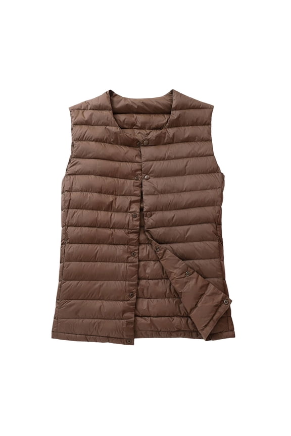 Women's Collarless Quilted Puffer Vest - Lightweight Down-Filled Sleeveless Waistcoat, Minimalist Casual Outerwear with Side Pockets