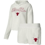 Women's College Concepts Cream Chicago Bulls Fluffy Long Sleeve Hoodie T-Shirt & Shorts Sleep Set