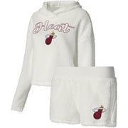 Womens College Concepts Cream Miami Heat Fluffy Long Sleeve Hoodie T-Shirt & Shorts Sleep Set