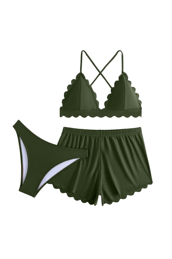 Women's Color Bikini Swimsuit Swimsuit Three Piece Set Army Green M