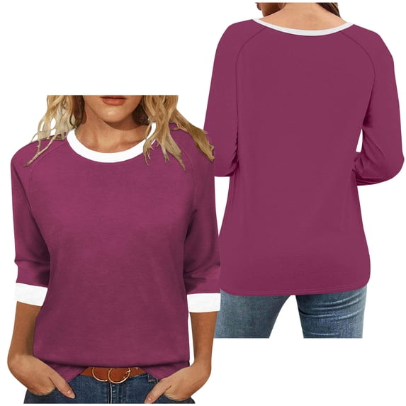 Women's Color Block 3/4 Sleeve Crew Neck Top Casual Loose T-Shirt