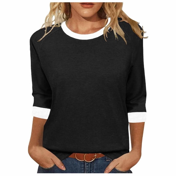 Women's Color Block 3/4 Sleeve Crew Neck Top Casual Loose T-Shirt