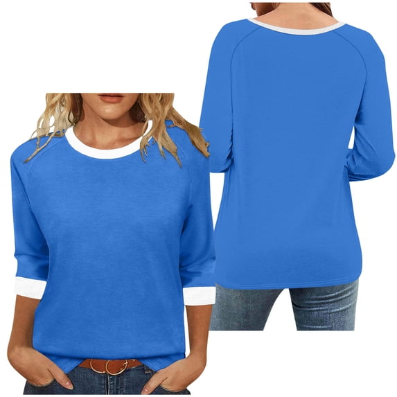 Women's Color Block 3/4 Sleeve Crew Neck Top Casual Loose T-Shirt