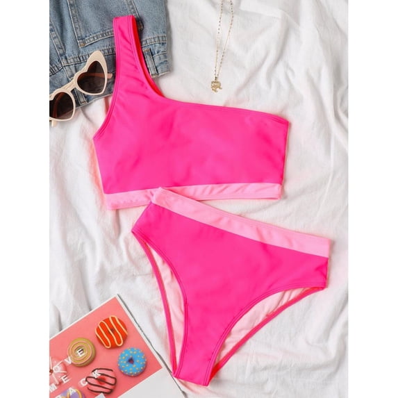 Women's Color Block Bikini Swimwear Set One Shoulder 2 Piece Swimsuit Color Block Tummy Control Swimsuit,Colour: Rose Red,Size:S