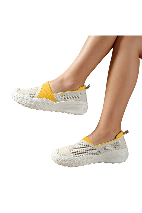 Women’s Color Block Breathable Knit Slip On Walking Sneakers, Lightweight Stretch Mesh Loafers, Non-Slip Textured Sole Casual Shoes A-Yellow 6(35)