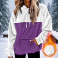 thumbnail image 1 of Women's Color Block Brushed Fleece Hoodie, Drawstring Hood Pullover, Soft Plush Sweatshirt, Casual Loungewear Top, Winter Comfort Wear, Cozy Pocket Hoodie Purple XL, 1 of 4