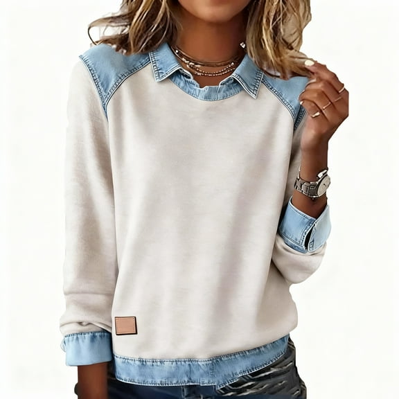 Women's Color Block Button Down Shirt Long Sleeve Fashion Patchwork Collared Blouse Casual Office Work Tops Beige L