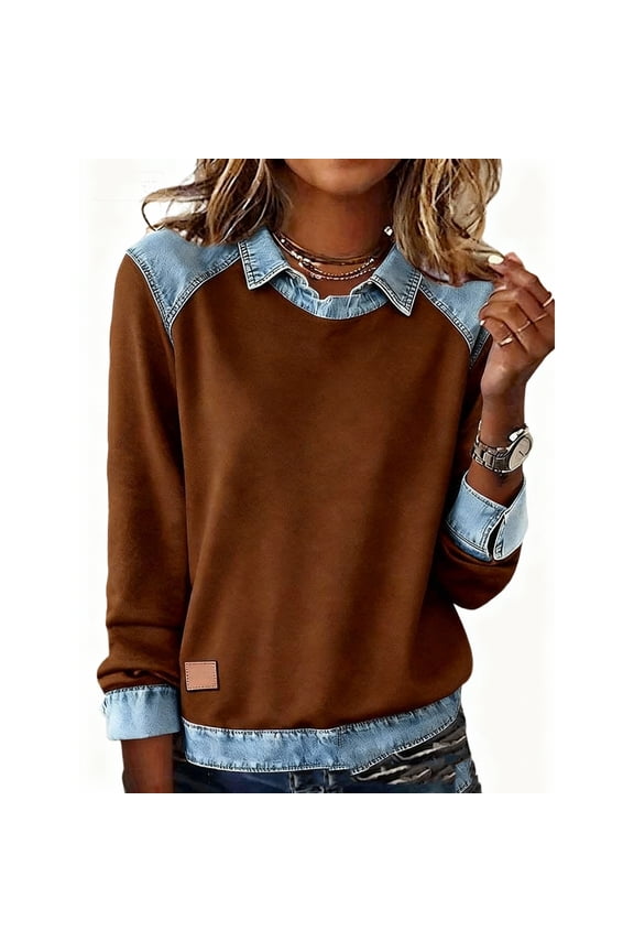 Women's Color Block Button Down Shirt Long Sleeve Fashion Patchwork Collared Blouse Casual Office Work Tops Brown L