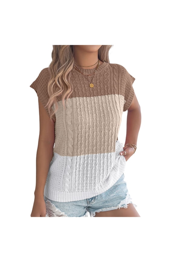 Women's Color Block Cable Knit Tops Summer Cap Sleeve Crew Neck Pullover Sweaters Casual Loose Vacation Knitwear Khaki XL