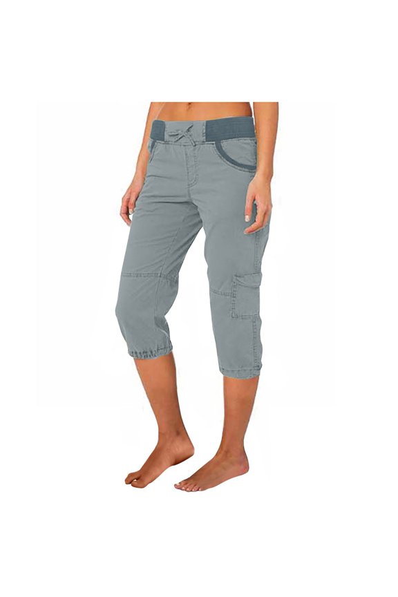 Women's Color Block Cargo Pants Elastic Waist Drawstring Multi Pocket Loose Fit Casual Work Pants for Hiking Travel Light Blue S-3XL