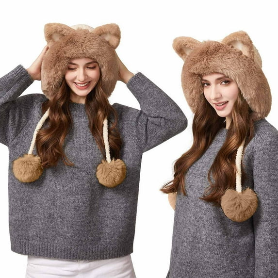 Women's Color Block Cat Ear Knit Hat - Fluff Ball Fleece-Lined Winter Cap, Windproof Warm Balaclava, Cute Cartoon Knitted Hat for Outdoor Daily Wear & Cold Weather, D