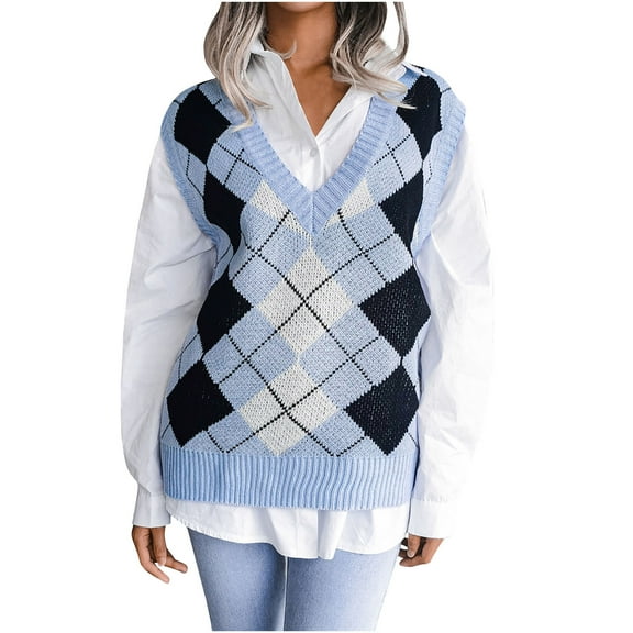 Women's Color Block Checkered Sleeveless Ribbed Knit Sweater Vest Casual Solid Color Loose Fit V-Neck Vest