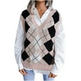 thumbnail image 1 of Women's Color Block Checkered Sleeveless Ribbed Knit Sweater Vest Casual Solid Color Loose Fit V-Neck Vest, 1 of 6