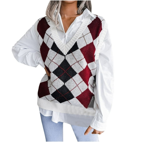 Women's Color Block Checkered Sleeveless Ribbed Knit Sweater Vest Casual Solid Color Loose Fit V-Neck Vest