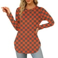 thumbnail image 1 of Women's Color Block Checkered T-Shirt Casual Long-Sleeve Crew Neck Curved Hem Tunic Top, 1 of 2