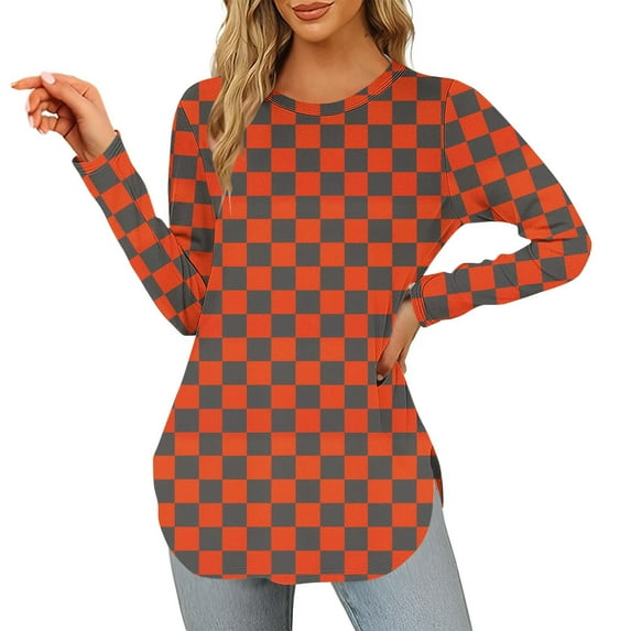 Women's Color Block Checkered T-Shirt Casual Long-Sleeve Crew Neck Curved Hem Tunic Top