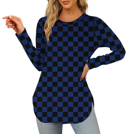 Women's Color Block Checkered T-Shirt Casual Long-Sleeve Crew Neck Curved Hem Tunic Top