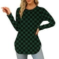 thumbnail image 1 of Women's Color Block Checkered T-Shirt Casual Long-Sleeve Crew Neck Curved Hem Tunic Top, 1 of 2