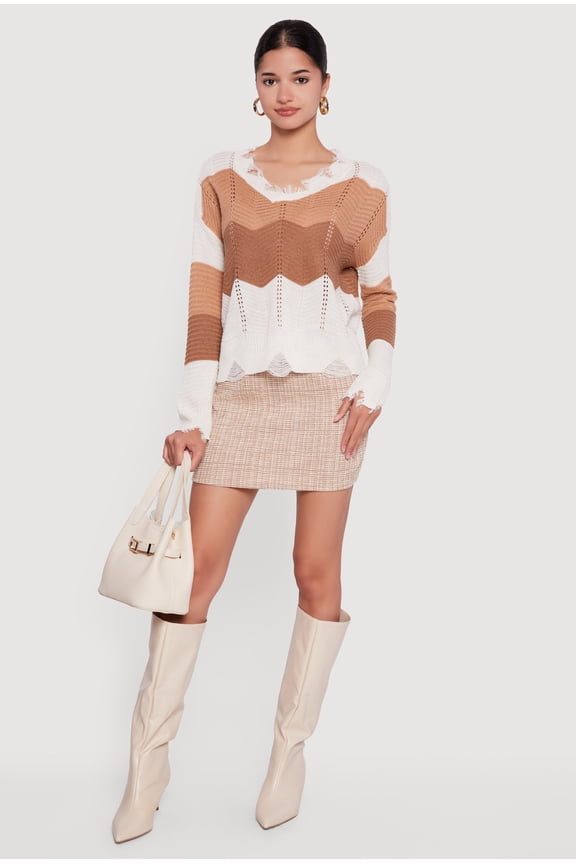 Women's Color Block Chevron Frayed Pointelle Sweater