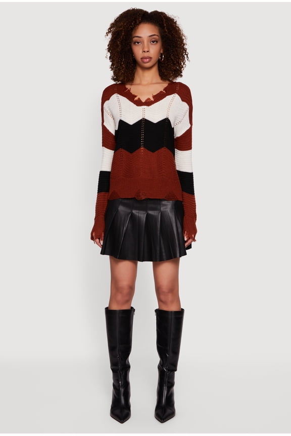 Women's Color Block Chevron Frayed Pointelle Sweater