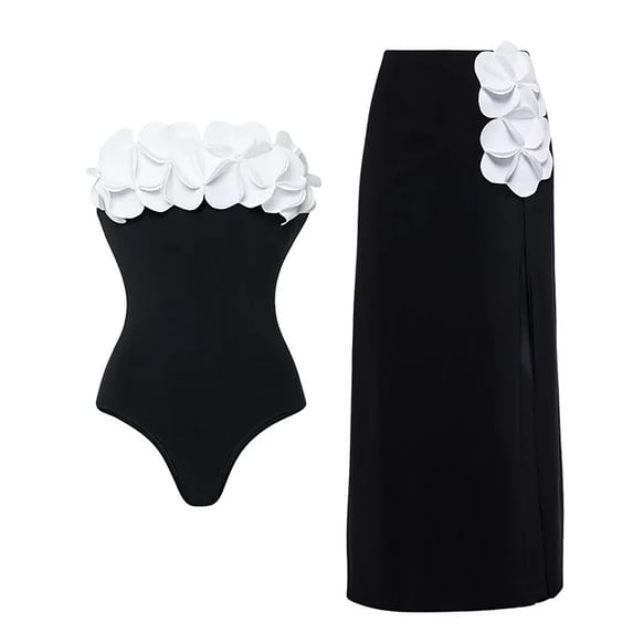 Women's Color Block Classic Swimsuit with High Cut and Cover Up Long Skirt Polyester Available in S XL