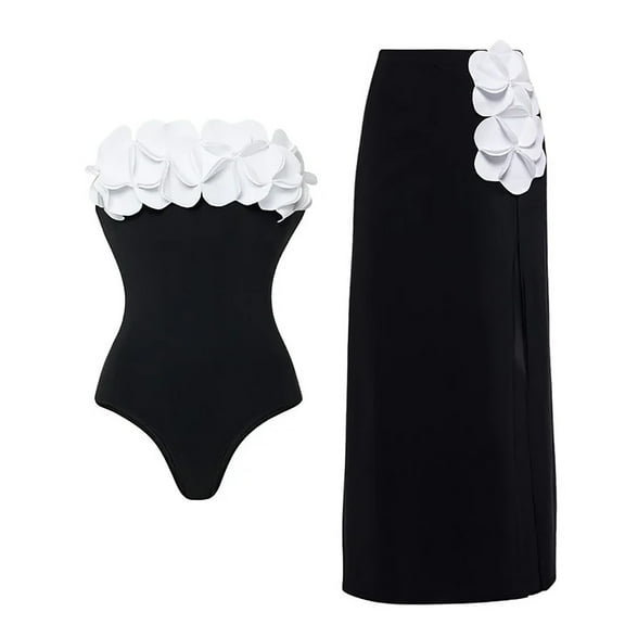 Women's Color Block Classic Swimsuit with High Cut and Cover Up Long Skirt Polyester Available in S XL