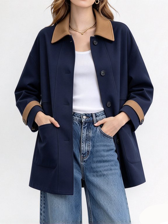 Women's Color Block Collar Cocoon Duster Coat Mid-Length Jacket Relaxed Fit Outerwear