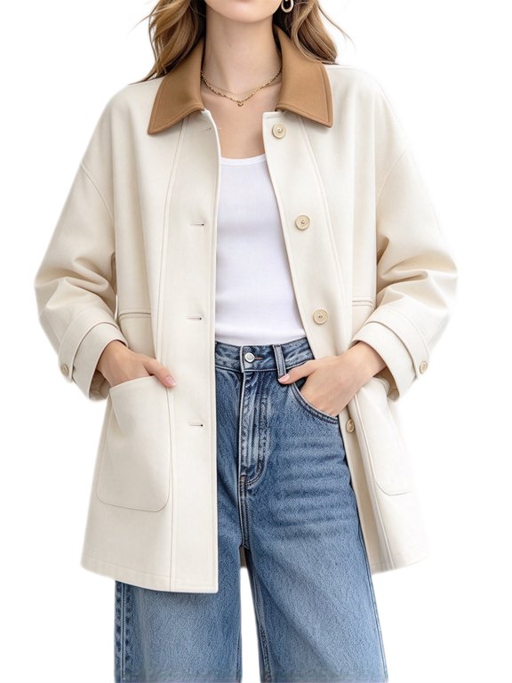 Women's Color Block Collar Cocoon Duster Coat Mid-Length Jacket Relaxed Fit Outerwear