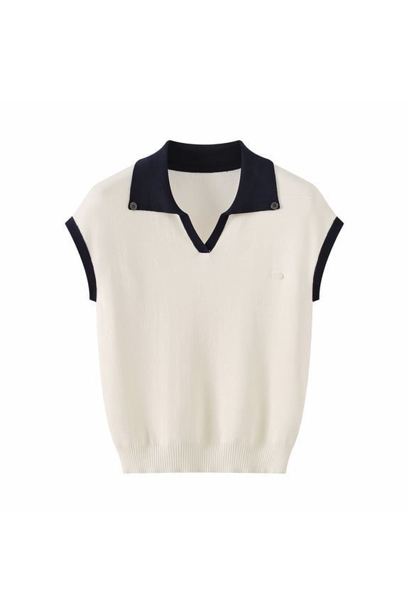 Women's Color Block Collar Sleeveless Knit Polo Top, Casual Office Daily Wear, Cream White Navy Contrast