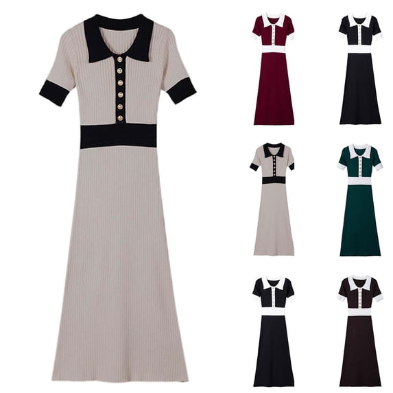 Women's Color Block Collared Knit Midi Dress, Short Sleeve Slim Waist Bodycon Dress, Elegant Fitted Sweater Dress for Fall Winter Daily Outfits Beige S(S)
