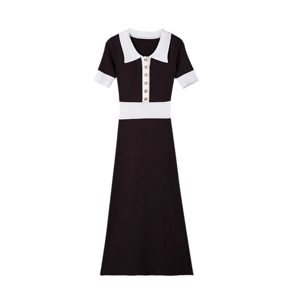 Women's Color Block Collared Knit Midi Dress, Short Sleeve Slim Waist Bodycon Dress, Elegant Fitted Sweater Dress for Fall Winter Daily Outfits Coffee L(L)
