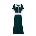 thumbnail image 1 of Women's Color Block Collared Knit Midi Dress, Short Sleeve Slim Waist Bodycon Dress, Elegant Fitted Sweater Dress for Fall Winter Daily Outfits Green S(S), 1 of 6