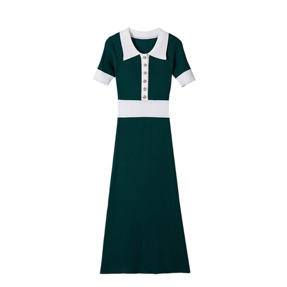 Women's Color Block Collared Knit Midi Dress, Short Sleeve Slim Waist Bodycon Dress, Elegant Fitted Sweater Dress for Fall Winter Daily Outfits Green S(S)