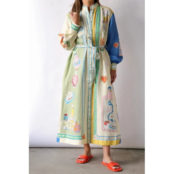 Women's Color Block Cotton-Linen Printed Tie-Waist Dress