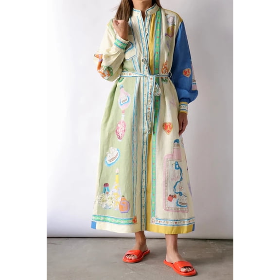 Women's Color Block Cotton-Linen Printed Tie-Waist Dress