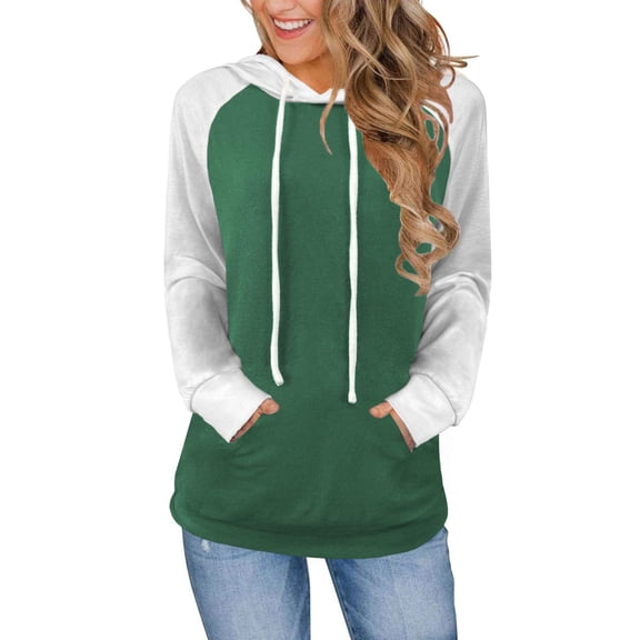 Women's Color Block Drawstring Hooded Sweatshirt, Lightweight Long Sleeve Loose Fit Pullover with Pockets, 2025 Casual Streetwear Top for Daily Wear, Loungewear Comfort and Outdoor Activities Green L