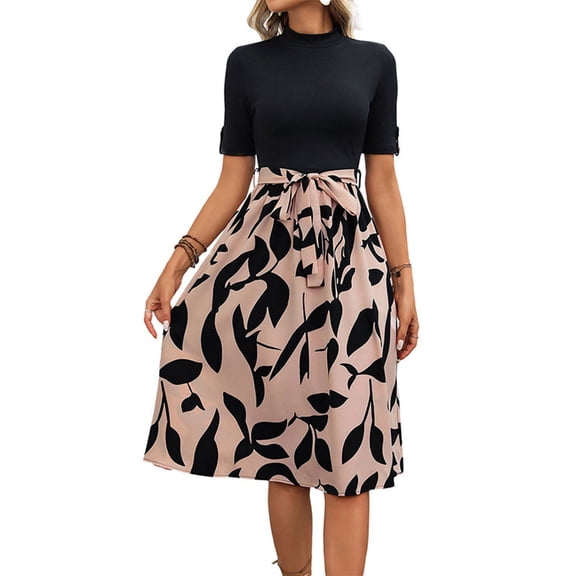 Women's Color Block Dress High Neck Short Sleeve Casual Office Comfort Dresses Khaki L