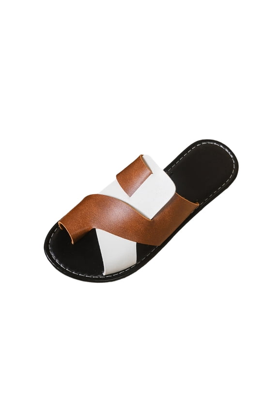Women's Color Block Flat Sandals Open Toe Ring Leather Dressy Beach Vacation Slide Sandals Brown 5.5(36)