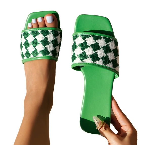 Women's Color Block Flat Sandals Trendy Square Toe Indoor/Outdoor Slippers Lightweight Comfort Beach Slide Sandal