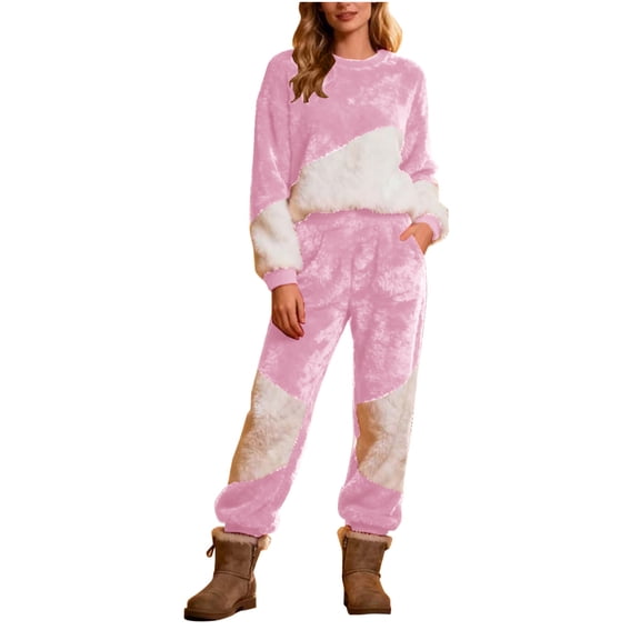 Women's Color Block Fleece Loungewear Set - 2-Piece Fluffy Pullover & Pants with Pockets, Cozy Warm Winter Pajamas Soft Sweatuit Outfit