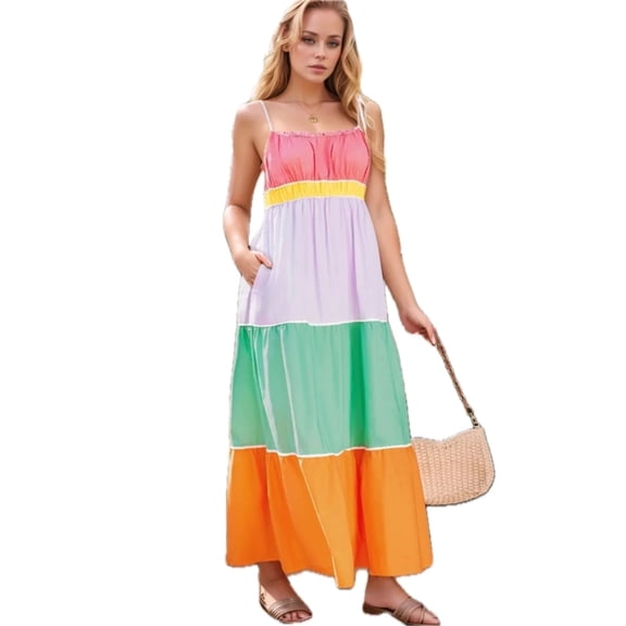 Women's Color Block Flowy Tiered Maxi Dress with Pockets Perfect for Everyday Wear 100% Cotton Fabric Soft Breathable