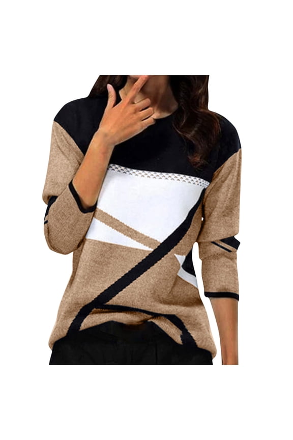 Women's Color Block Geometric Patchwork Print Tops Long Sleeve Crewneck Casual Blouses