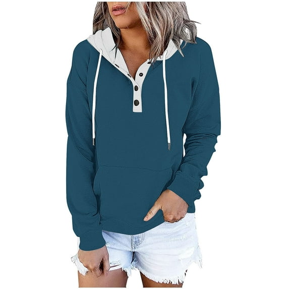 Women's Color Block Hooded Drawstring Button Down Sweatshirt Casual Long Sleeves Loose Fit Sweatshirt Tops With Pockets