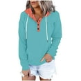 thumbnail image 1 of Women's Color Block Hooded Drawstring Button Down Sweatshirt Casual Long Sleeves Loose Fit Sweatshirt Tops With Pockets, 1 of 5