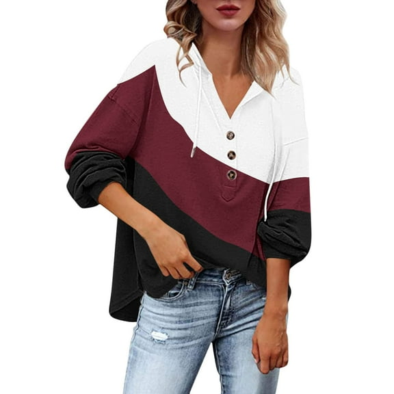Women's Color Block Hooded Drawstring Button Down Sweatshirt Casual Long Sleeves Loose Fit Sweatshirt Tops With Pockets