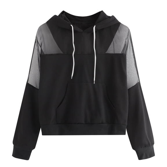 Women's Color Block Hooded Sweatshirts Patchwork Mesh Loose Fit Drawstring Crop Hoodies Casual Fashion Y2K Fall Pullover