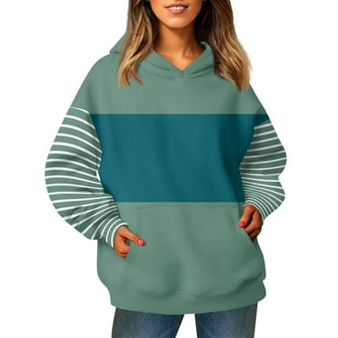 Women's Color Block Hoodie Sweatshirt, Casual Long Sleeve Pullover with Striped Sleeves and Front Pocket
