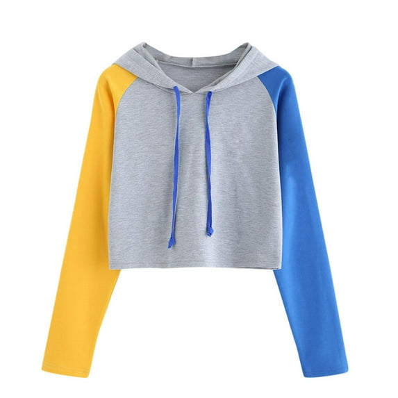 Women's Color Block Hoodies Long Sleeve Oversized Crop Hooded Sweatshirts Drawstring Loose Fashion Y2K Pullover Tops