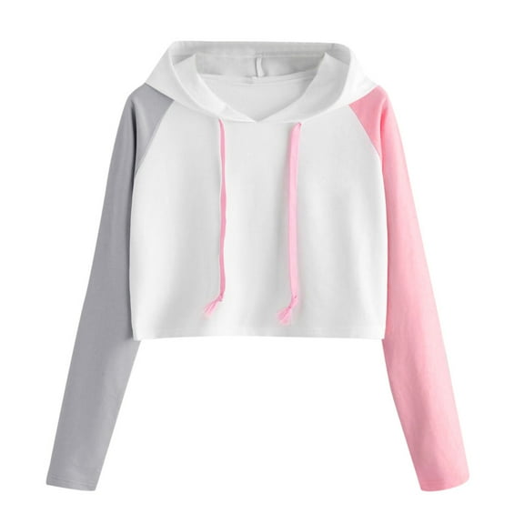 Women's Color Block Hoodies Long Sleeve Oversized Crop Hooded Sweatshirts Drawstring Loose Fashion Y2K Pullover Tops